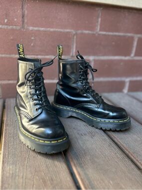 Dr. Martens Bex Smooth Black Leather Platform Lace-Up Boots w/ Yellow Stitching